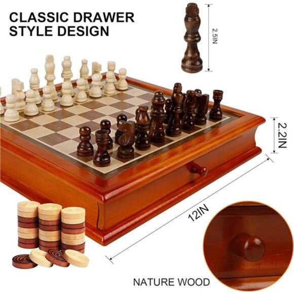 Wooden Chess & Checkers Set with Storage Drawer, Portable Board Games - Picture 2 of 8